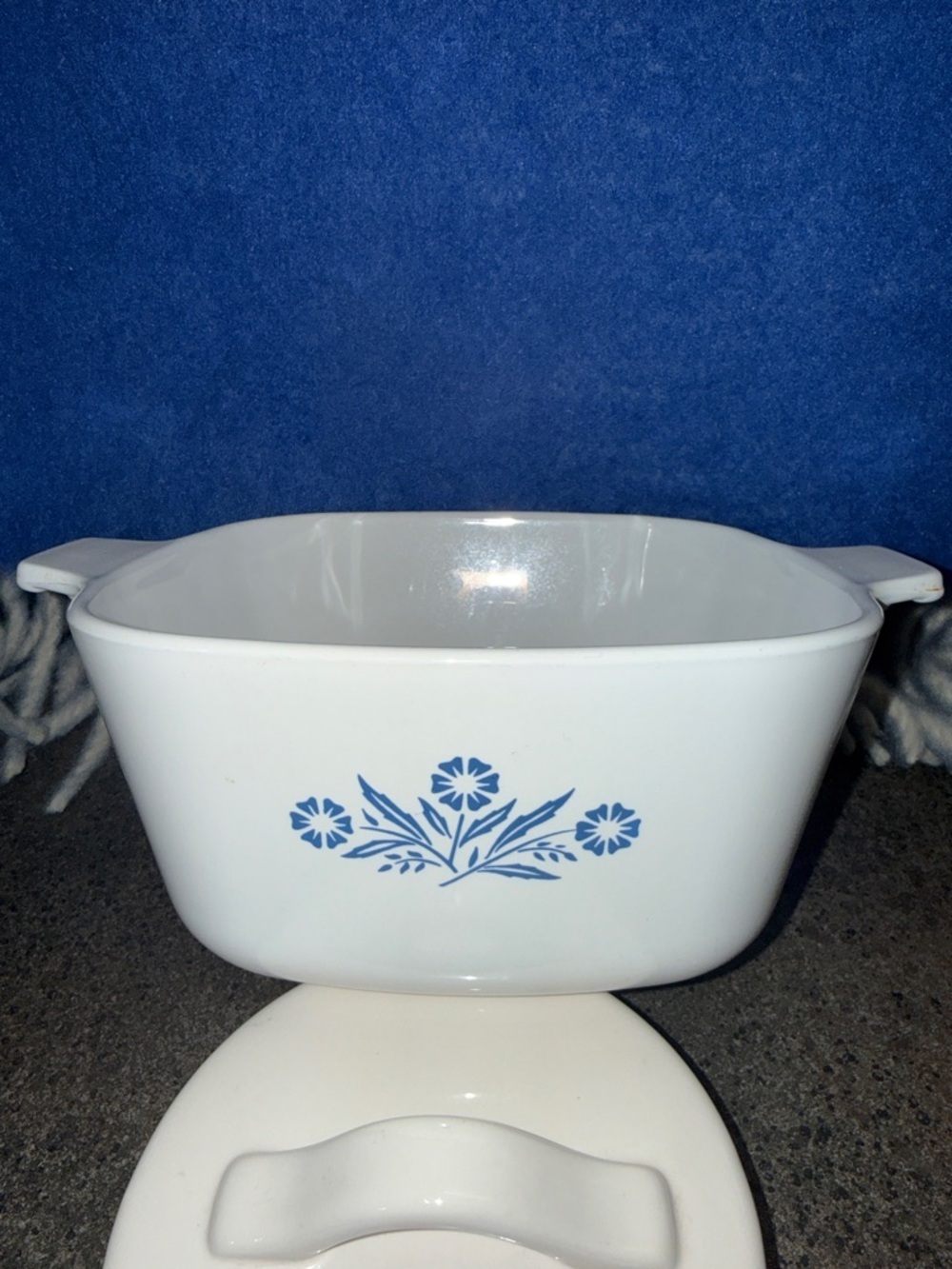 Corningware White Dish with Blue Logo and Floral Marking